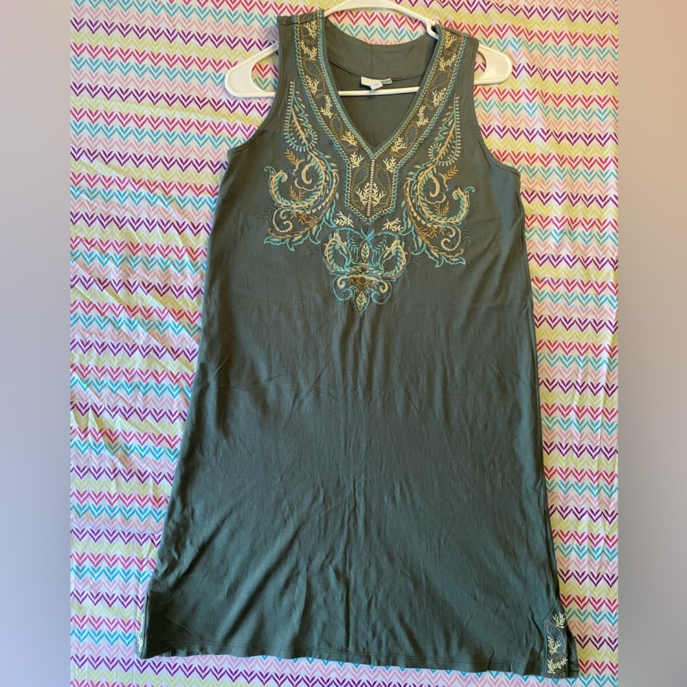 J-Jill Army Green Boho Embroidered Shift Stretch Dress Size S